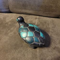 Vintage Ceramic Turtle Black Turquoise Ornament Handmade