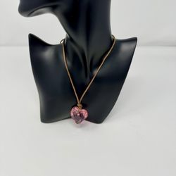 💖 Pink Crystal Heart Necklace ✨ Brown Cord Pendant