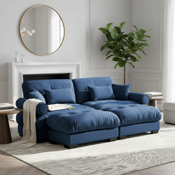 Napa 94" Modular Velvet Upholstered 2-Seater Sofa with Two Ottomans and Bolstered Armrests
