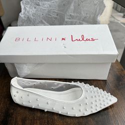 Billini X Lulus Size 5 Avery White Mesh Pearl Pointed Toe Ballet Flats, New with Box