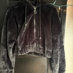 Black Puffer Fluffy Jacket With Hoodie 