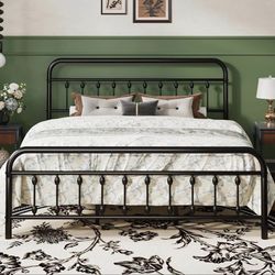 Black King Size Metal Platform Bed Frame with Victorian Style Iron-Art Headboard and Footboard
