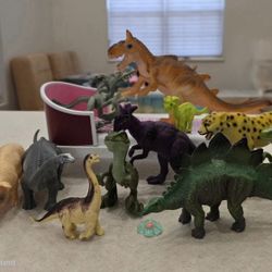 Dinosaur & Animal Toy Figure Lot – T-Rex, Stegosaurus, Farm Animals
