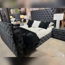 Black velvet modern elegant king bed frame with TV LIFT