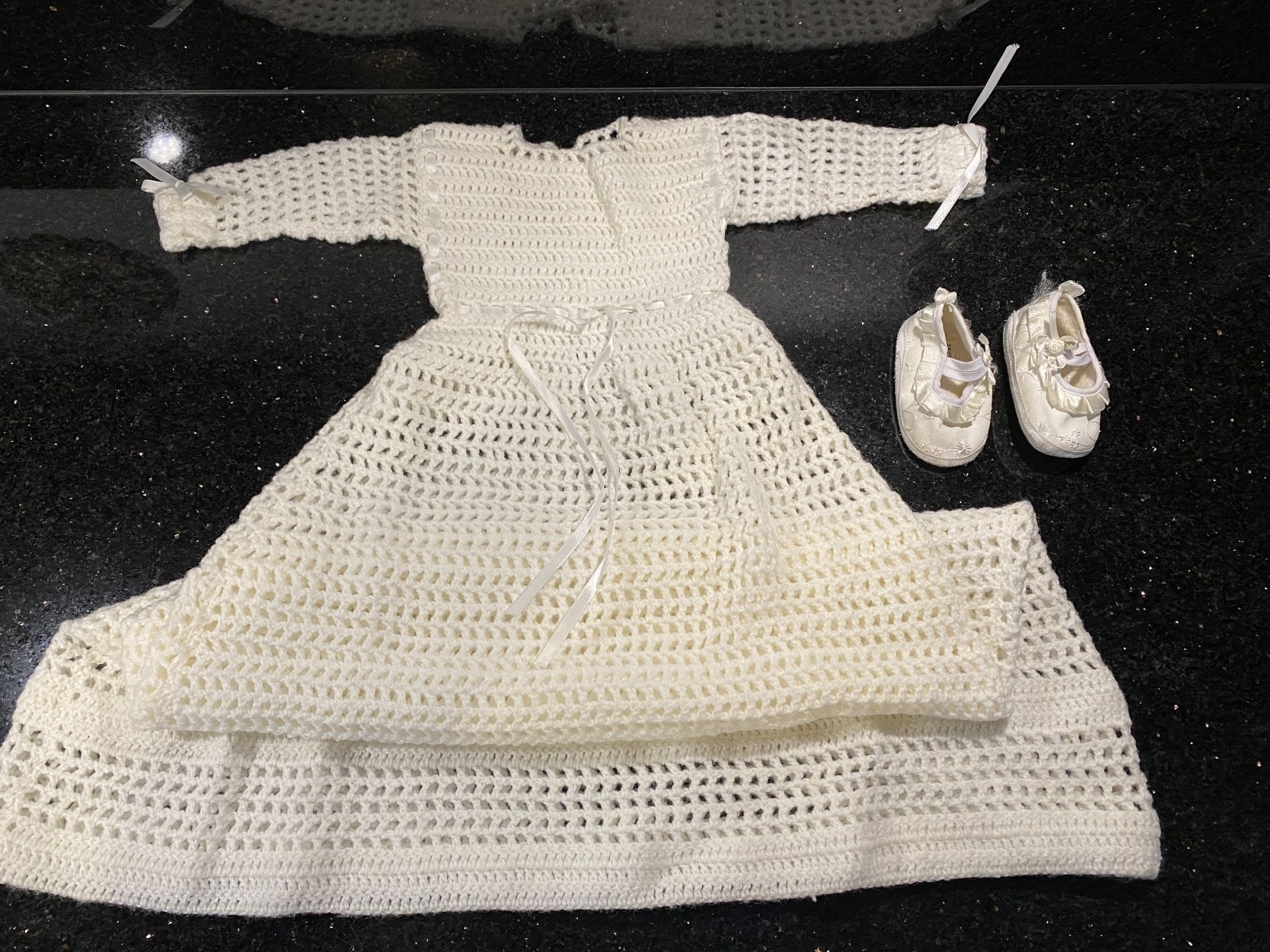 Infant Baby Girl Hand Made Crochet White Baptism Christening Dress & Shoes