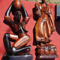 Pair of Male & Female Large Vintage Hand Carved Mahogany Wood Statues - African & Caribbean Folk Art Figures