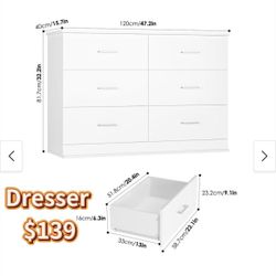 ✌️ 47.2'' Large 6 Drawer Dresser Wide Chest of Drawers for TV Stand, Modern Dresser Floor Storage Drawer Cabinet for Home Office