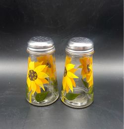 VTG Hand Painted Sunflower Salt & Pepper Glass Shakers with Stainless Steel Lids Set