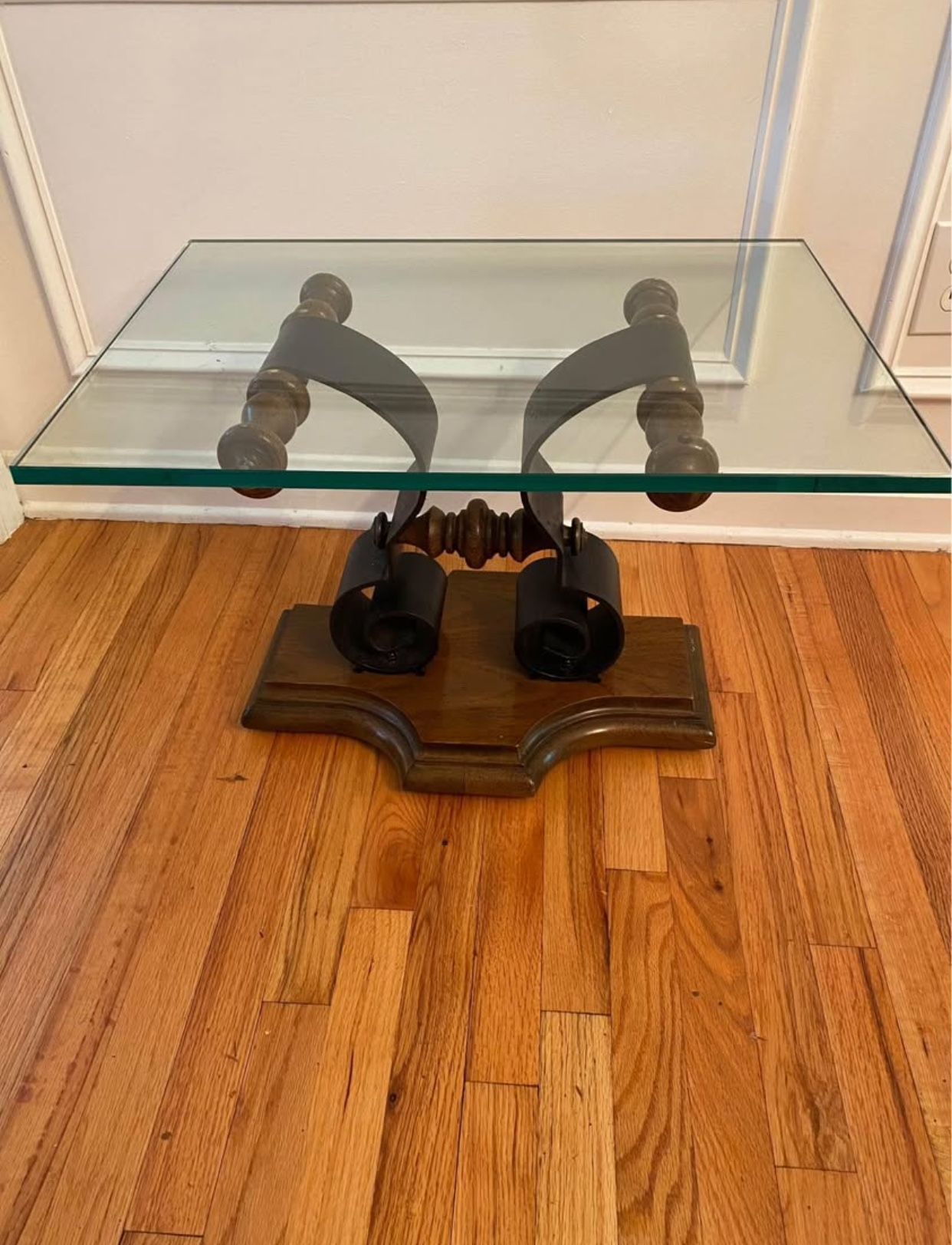 Mid Century Wood, Iron & Glass End Table