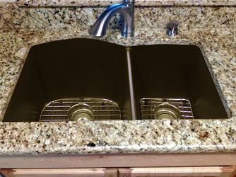 64/40 Matte Cafe Granite Composite Double Bowl Undermount Kitchen Sink With Free Separate Handle Faucet 