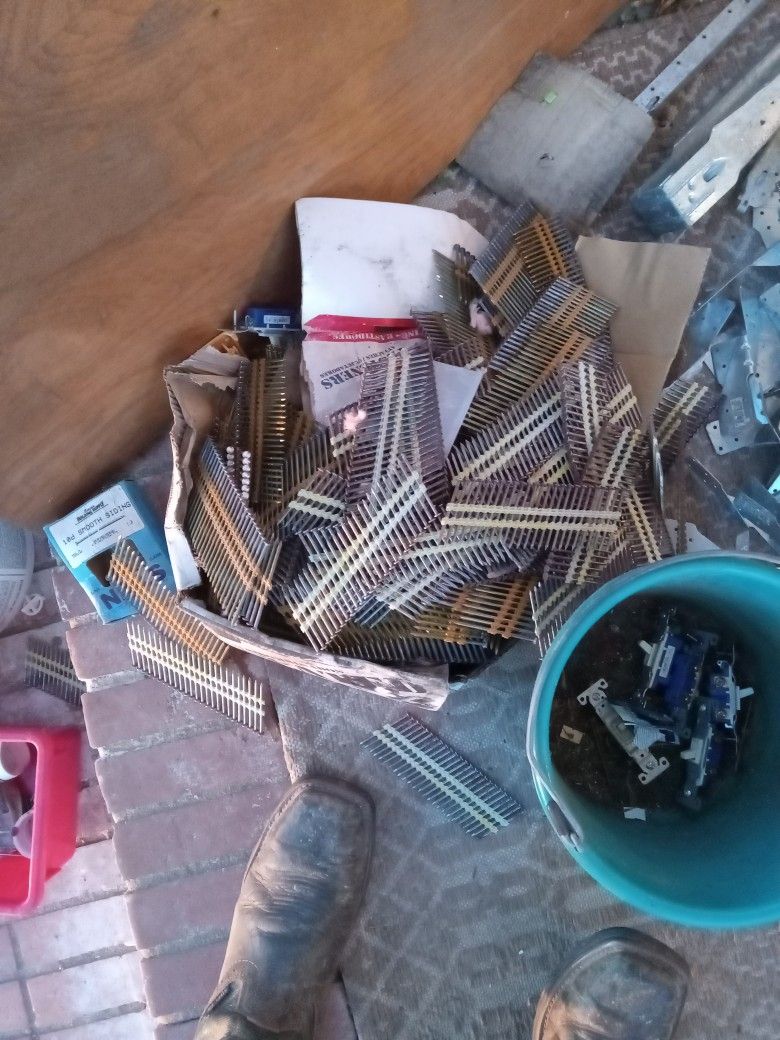 Assortmwnt Of Collated Nails Screws Hurricane Ties Joist Hangers Sink Fixture Coiled Roofing Nails Etc