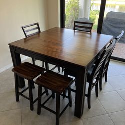 Expandable Wooden High-Too Dining Set with Chairs & Stools