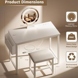 Small Vanity Desk with Mirror and Lights - Makeup Mini Girls Vanity Set Table with Chair, Power Outlet, White Compact Make Up Dressing Table for Kids 