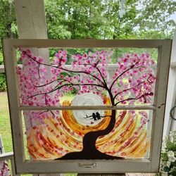 Cherry Tree Painting On Antique Window