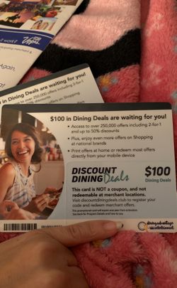 Discount Dining Card - $100 in dining money. New Card. Coupon Money.
