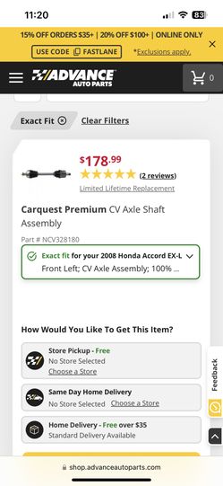Honda 2008-2012 Accord CV AXLES V6 ONLY