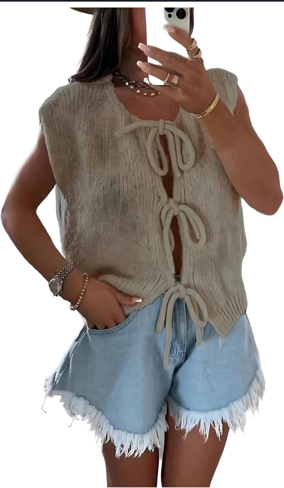 L size Women's Sleeveless Bow-Tie Front Vest Casual Sweater(pls choose khaki,beige or grey)