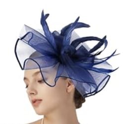 Navy Blue Large Fascinators Hat with Clip and Headband for Women, Derby Church Wedding Tea Party Hair Accessory, Mesh Bow Feathers, Vintage 20s *NEW*