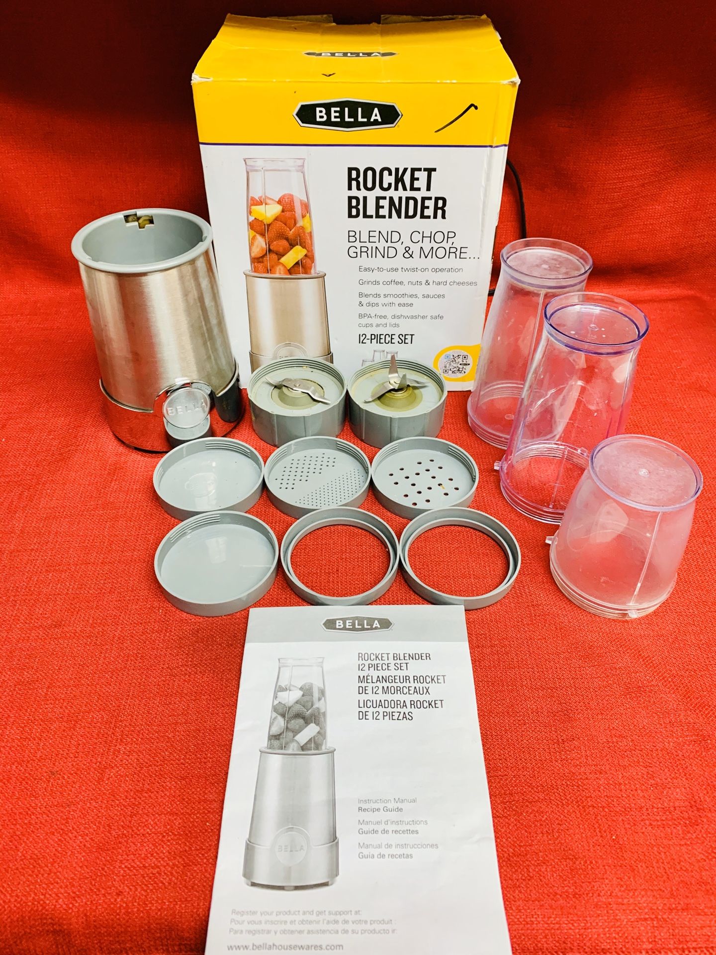 Bella Rocket Blender Model XJ-11401B1 Blend Chop Grind 12-Piece