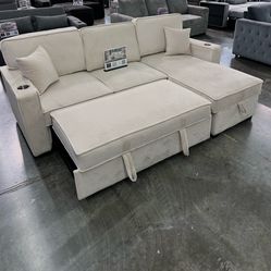 Convertible Sectional Reversible Storage Chaise W/ Cup Holder & USB & USB-C Port Color: Beige  Seccional convertible en Cama color beige Nuevo en Caja