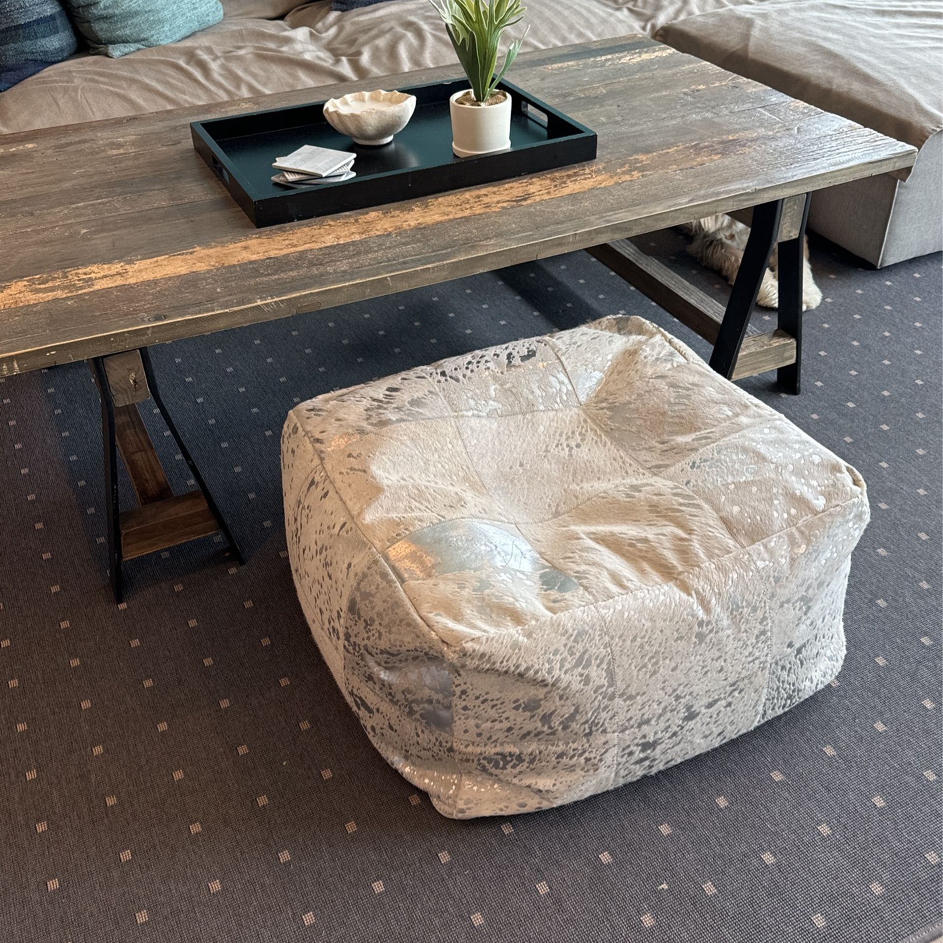 FREE Anthropologie Cow Hide Metallic Silver Pouf Bean Bag Seat