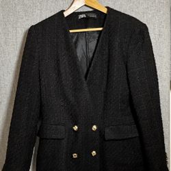 ZARA Textured Tweed Double Breasted Blazer Collarless V Neck Gold Buttons Large Like New