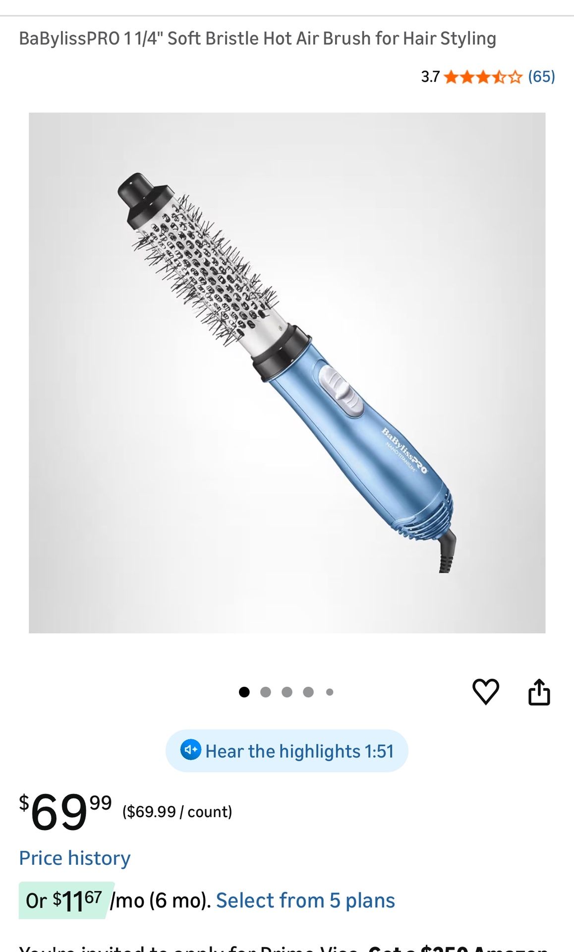 BaBylissPRO 1 1/4" Soft Bristle Hot Air Brush for Hair Styling