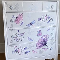 Dixie Vintage Solid Wood Dresser White Purple Decorated Butterflies Flowers 