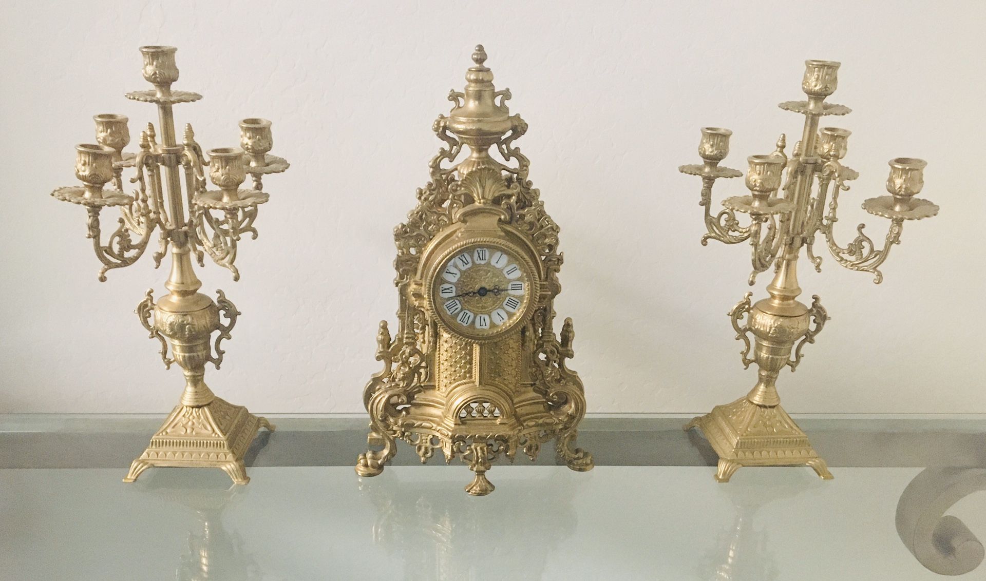 Solid Brass Baroque Mantel Clock and Candelabra