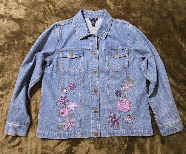 Denim & Co Womens Blue Jean Jacket Embroidery Pink Floral Large