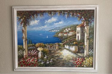 Large Framed Original Painting – Mediterranean Coastal Scene
