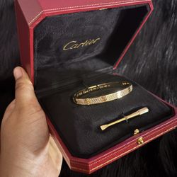 Diamond Encrusted Cartier Bracelet Gold Screwdriver Closure with Box