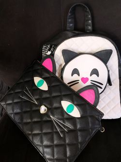 Betsy Johnson Cat Backpack quilted black and white Bag Purse