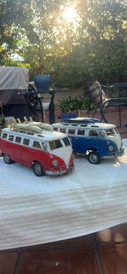 Pair of Large 13” Vintage Metal VW Surf Bus Models (Red & Blue Set)