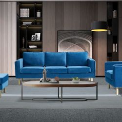 DESIGNER SET SPECIAL: 3-Piece Royal Blue Velvet Collection – 84" Sofa, XL Armchair & Large Ottoman – Polished Gold Accents 