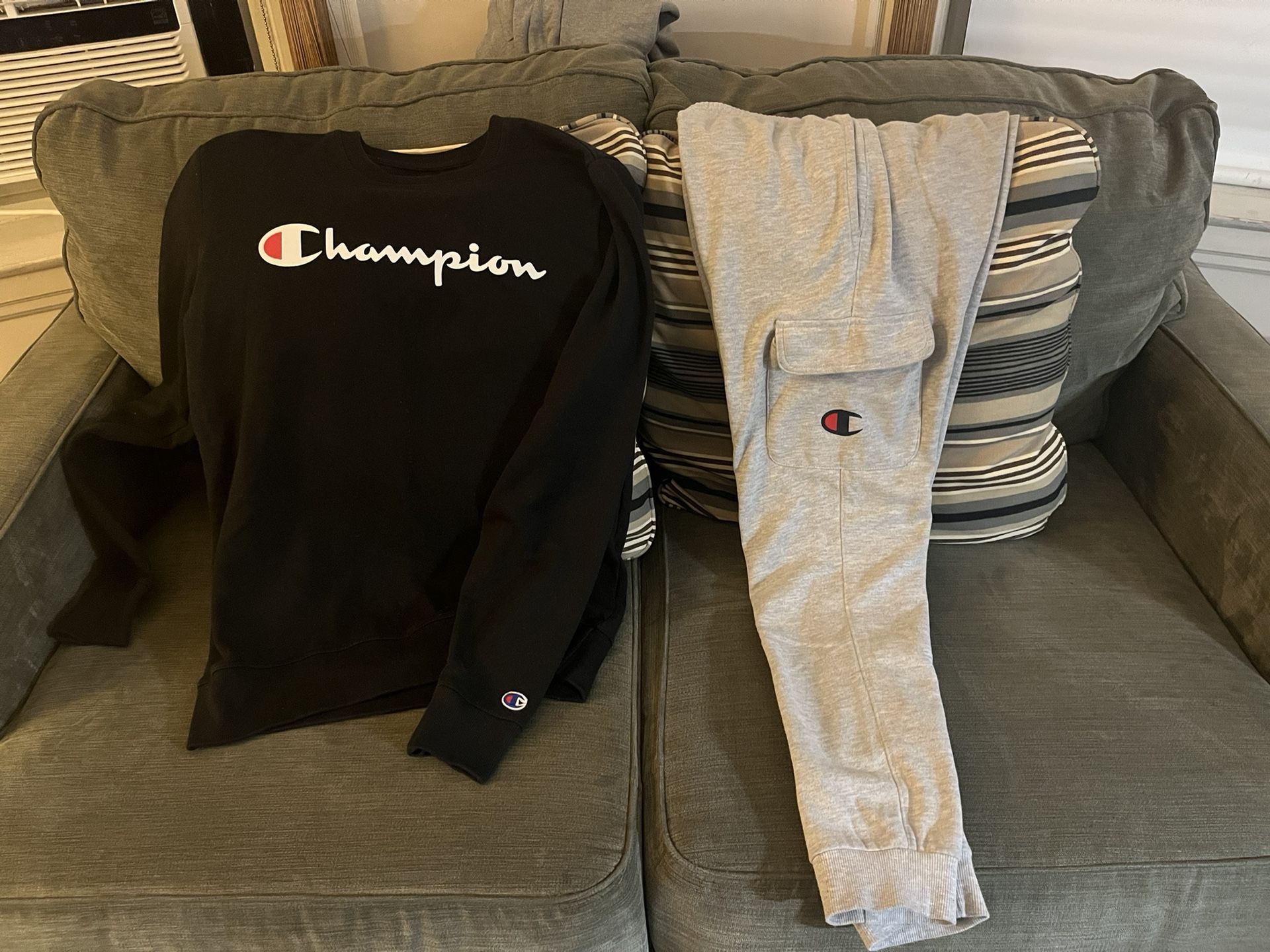 Small Men’s Sweater & Small Sized Champion Black Sweater & Grey Joggers