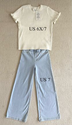 H&M Girls White Ribbed Top Size 6X/7 + Wide Leg Denim Pants Size Size 7