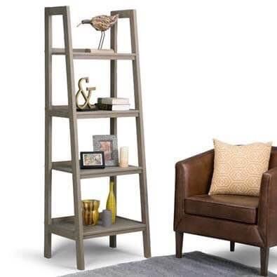 WAUCONDA: NEW 72” x 24” Solid Wood Ladder Shelf, Distressed Gray, 4 Tiers