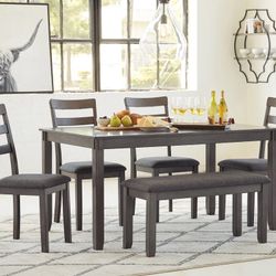Bridson Gray Dining Table and Chairs with Bench (Set of 6) 