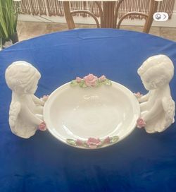 Vintage Ceramic Cherub and Rose Decorative Bowl Centerpiece