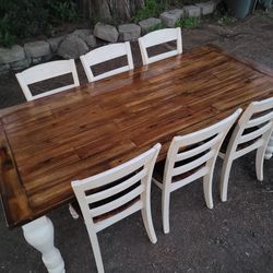 Long Ashely Dining Table And 6 Chairs/Farmhouse/Country/Rustic/Distressed/Shabby/Kitchen/Family/Big/Large/Heavy Wood/Solid/Maple Oak and White/Rare