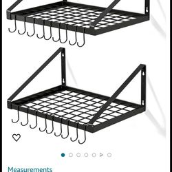 Pot and Pan Hanging Rack Wall Mounted Set of 2, Kitchen Wall Organizer Storage Shelves for Utensils, Cookware with 16 S Hooks

