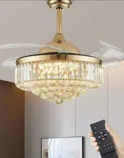 Luxury Smart Ceiling Fan Retractable 42/20 Integrated LED 3CCT 6 Speed, Remote/App/Wall, Dimmable, Timer, Reverse, Dual Install, Antique Crystal/Gold