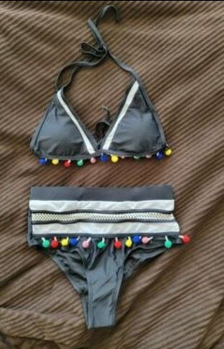 Women's High Waist Bikini Set Stripe Tassel Rainbow Pom Pom Mesh Black M