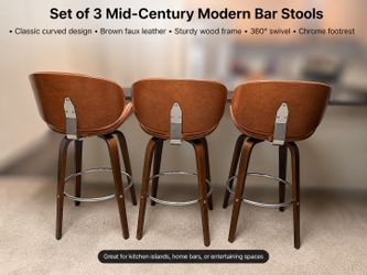 Set of 3 Modern Swivel Bar Stools – Brown Faux Leather