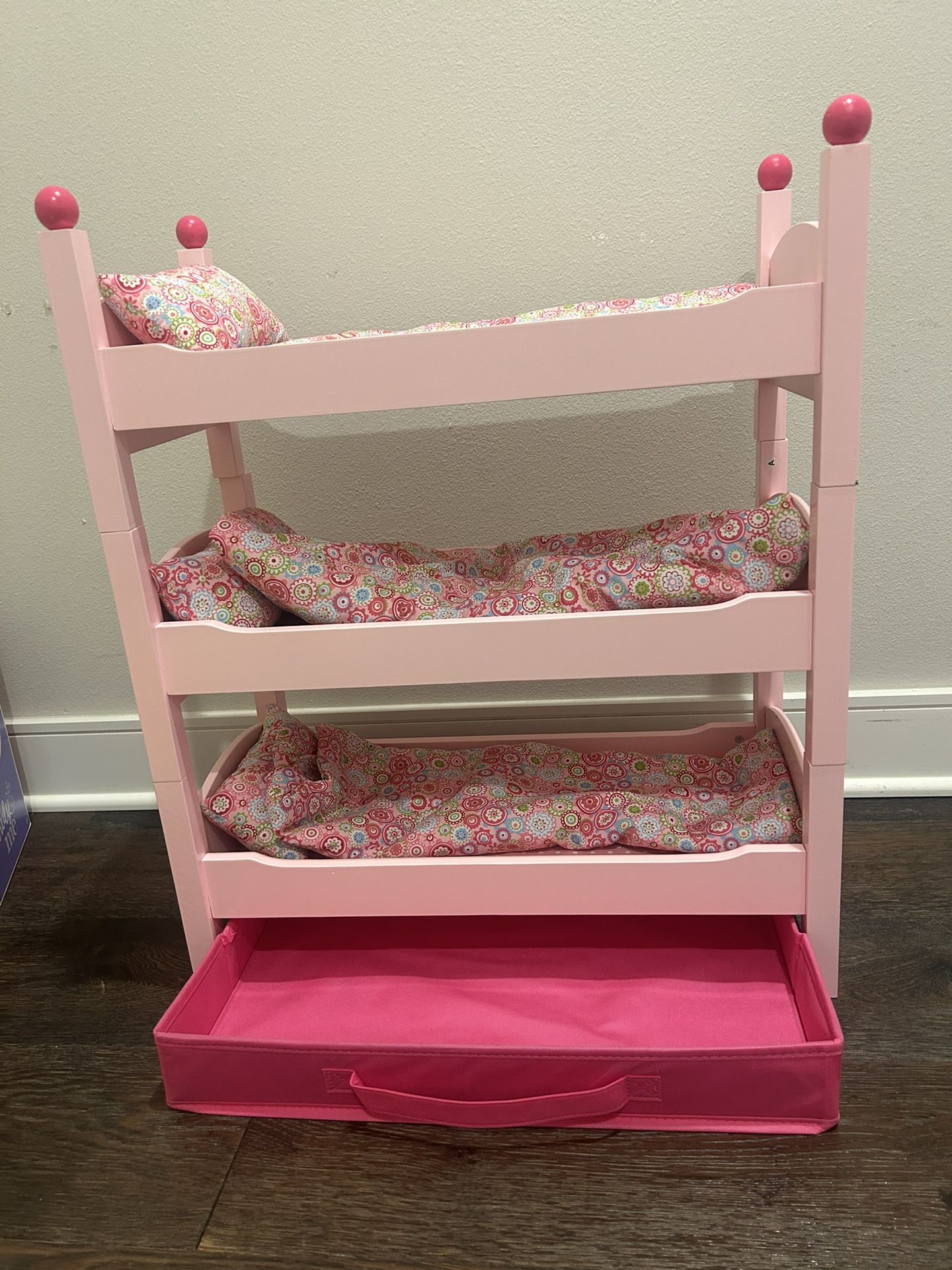 3 Pink Stackable Wooden Beds Triple Bunkbed With Bedding Sets For American Girl Doll Or 18” Dolls