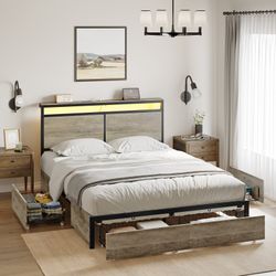 Queen Bed Frame with 4 Drawers Storage Headboard and LED Lights Charging Station Metal Platform Grey  