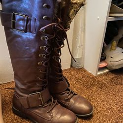 Brown Leather Boots With Fur Size 6