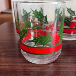 Vintage Libbey Christmas Holly and Berries Old Fashioned glasses.
