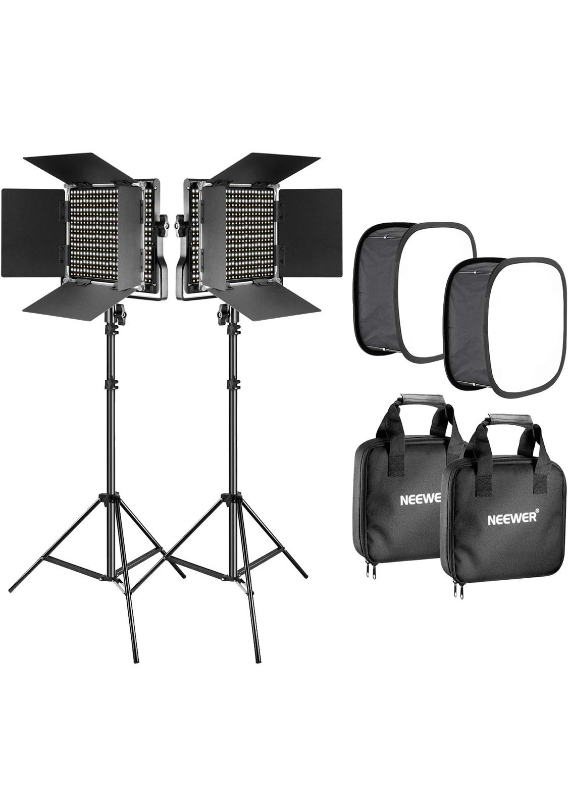 Neewer 2 Pieces Bi-color 660 LED Video Light with Stand and Softbox Kit: (2)3K CRI96+ Dimmable Light with U Bracket and Barndoor (2)Light Stan